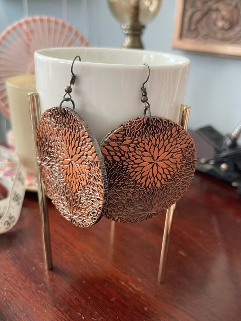 Wooden Lightweight Large Copper Floral Etched Disc Earrings